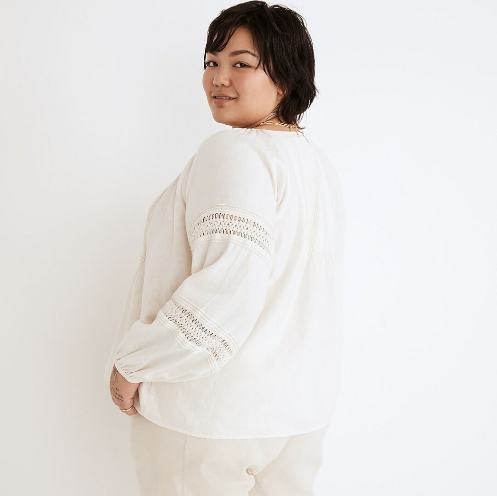 Madewell Plus Linen-Blend Pintuck Peasant Top NWT - Picture 3 of 5